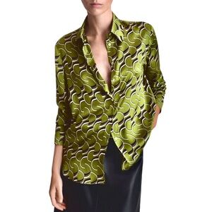 Haver green squiggle motif satin shirt